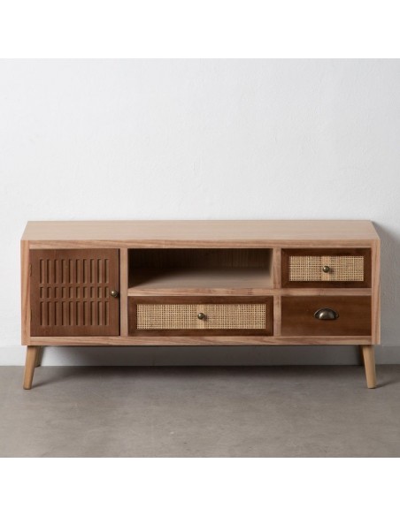 Mueble de TV bohemio chic Sasha 120 x 40, madera de paulonia, pino y ratán