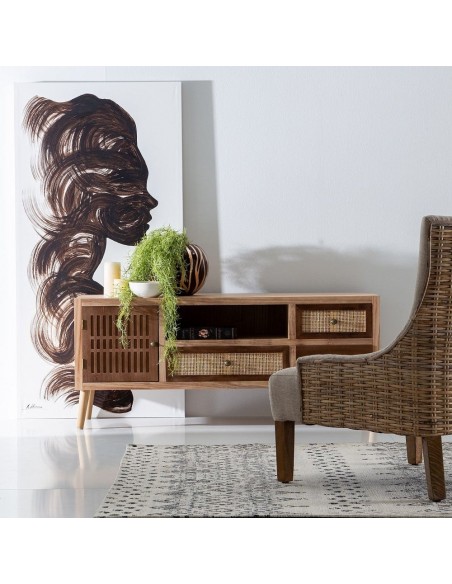 Mueble de TV bohemio chic Sasha 120 x 40, madera de paulonia, pino y ratán
