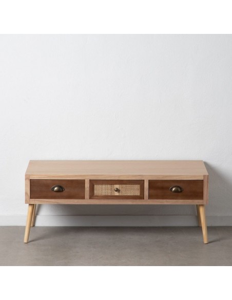 Mesa de centro bohemio chic Sasha 110 x 50, madera de paulonia, pino y ratán