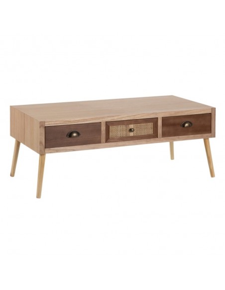 Mesa de centro boêmia chique Sasha 110 x 50, madeira paulownia, pinho e rattan