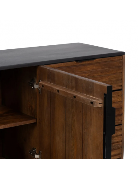 Aparador Kesia 160 x 75, 2 puertas y 3 cajones, madera de mango y acero negro