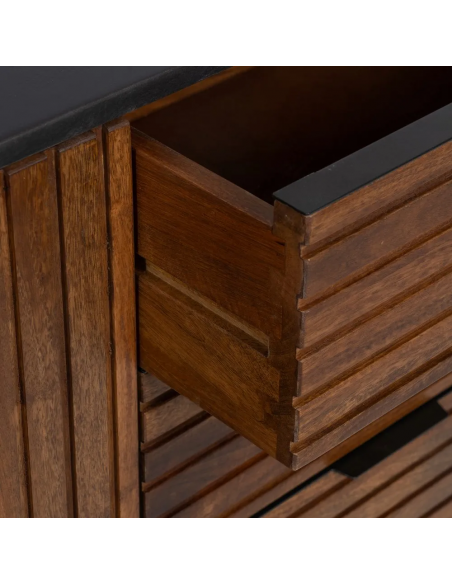 Aparador Kesia 160 x 75, 2 puertas y 3 cajones, madera de mango y acero negro