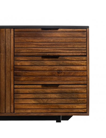 Aparador Kesia 160 x 75, 2 puertas y 3 cajones, madera de mango y acero negro