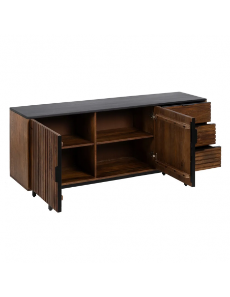 Aparador Kesia 160 x 75, 2 puertas y 3 cajones, madera de mango y acero negro