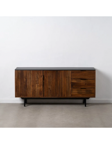 Aparador Kesia 160 x 75, 2 puertas y 3 cajones, madera de mango y acero negro