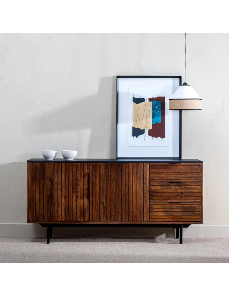 Aparador Kesia 160 x 75, 2 puertas y 3 cajones, madera de mango y acero negro