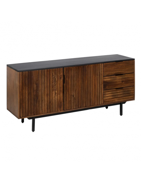 Aparador Kesia 160 x 75, 2 puertas y 3 cajones, madera de mango y acero negro