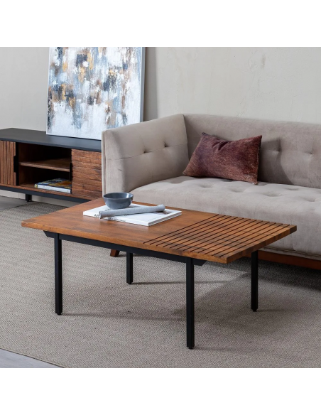 Mesa de centro Kesia 110 x 60 cm, em madeira de mangueira e aço preto