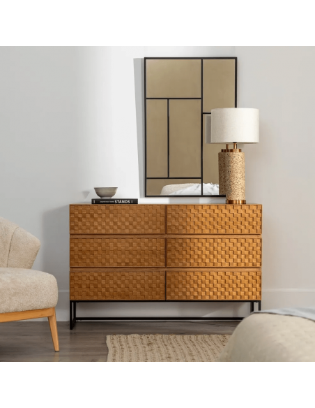 Cómoda Marigni 118 x 77, 6 cajones de madera y MDF en fresno