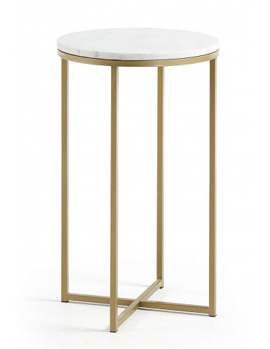 SHEFFIELD Mesa auxiliar metal dourado e mármore branco.