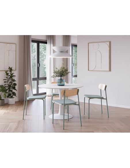 Silla moderna Maure de chapa de roble, tejido y metal con acabado aguamarina