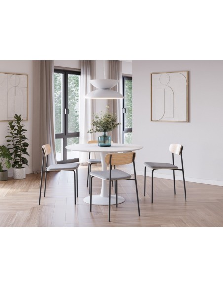 Silla moderna Maure de chapa de roble, tejido taupe y metal con acabado negro