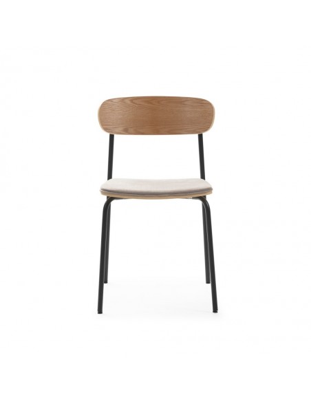 Silla moderna Maure de chapa de roble, tejido taupe y metal con acabado negro
