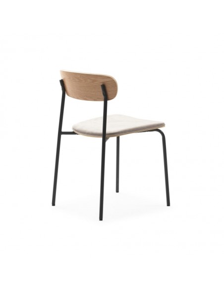 Silla moderna Maure de chapa de roble, tejido taupe y metal con acabado negro