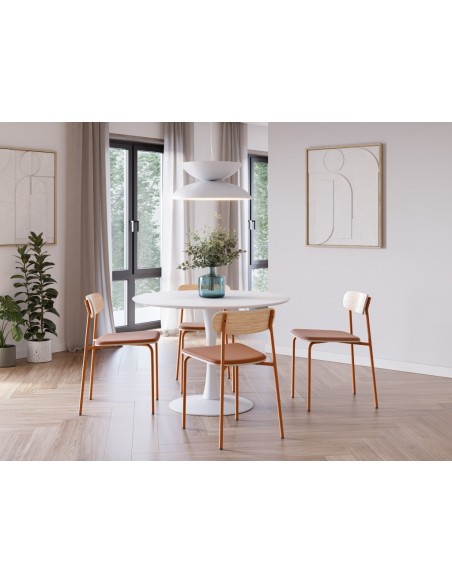 Silla moderna Maure de chapa de roble, tejido teja y metal con acabado teja