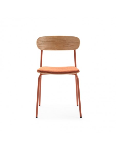 Silla moderna Maure de chapa de roble, tejido teja y metal con acabado teja