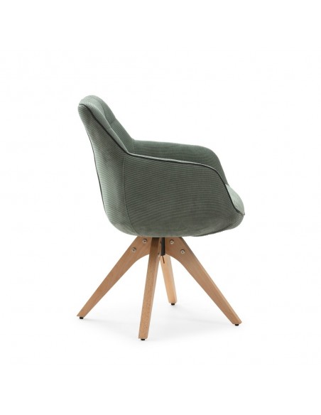 Sillon giratorio de diseño DONATELO, tejido verde con ribete y patas de madera