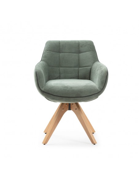 Sillon giratorio de diseño DONATELO, tejido verde con ribete y patas de madera