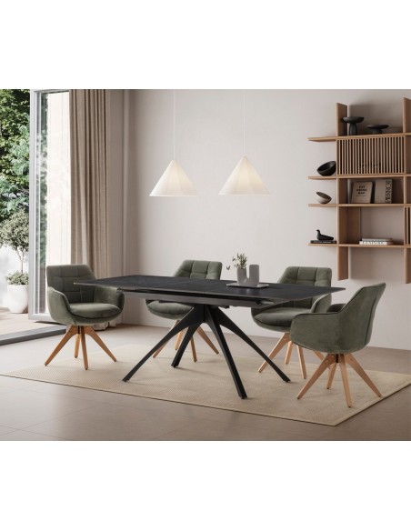 Sillon giratorio de diseño DONATELO, tejido verde con ribete y patas de madera