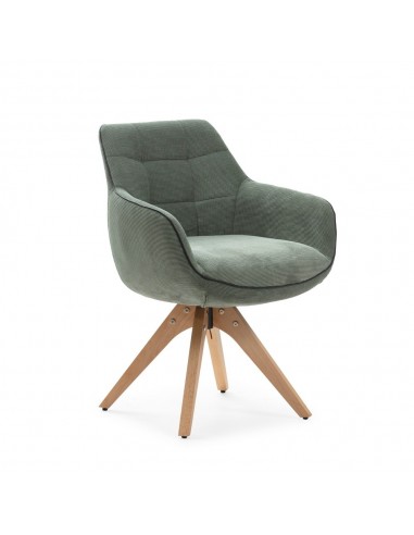 Poltrona giratória de design DONATELO, tecido verde com debrum e pés de madeira