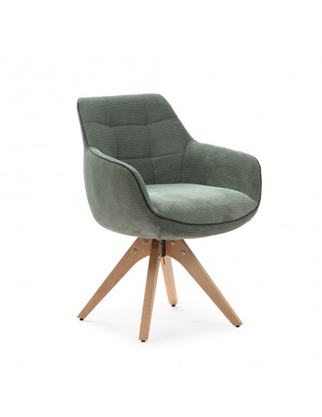 Sillon giratorio de diseño DONATELO, tejido verde con ribete y patas de madera