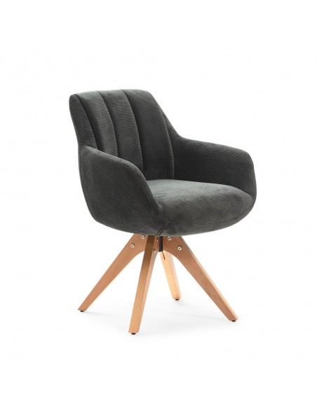 Silla giratoria con brazos LEIRE, tejido en gris y patas de madera