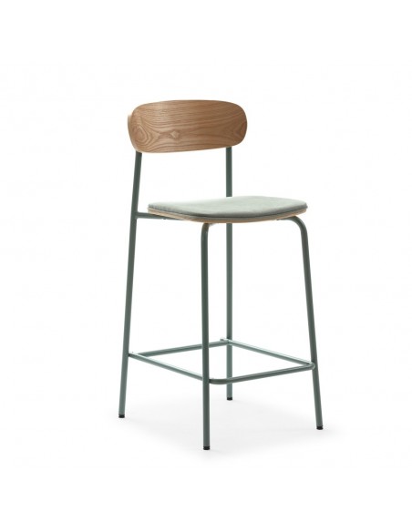 Banqueta moderna Maure 66 em folheado de carvalho, tecido e metal Aguamarina