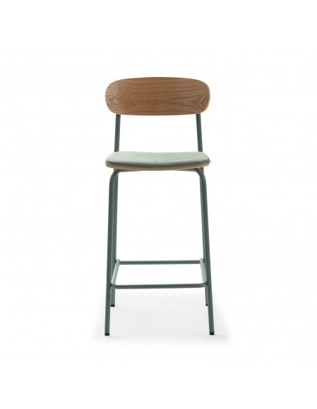 Taburete moderno Maure 66, chapa de roble, tejido y metal Aguamarina