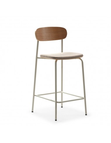 Taburete moderno Maure 66, chapa de roble, tejido beige y metal blanco