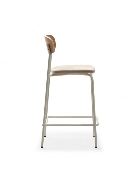 Banqueta moderna Maure 66, folheado de carvalho, tecido beige e metal branco