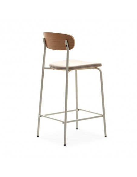 Banqueta moderna Maure 66, folheado de carvalho, tecido beige e metal branco