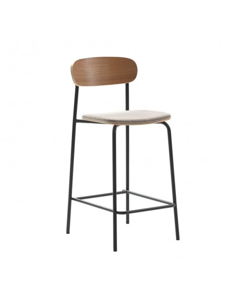 Taburete moderno Maure 66, chapa de roble, tejido taupe y metal negro