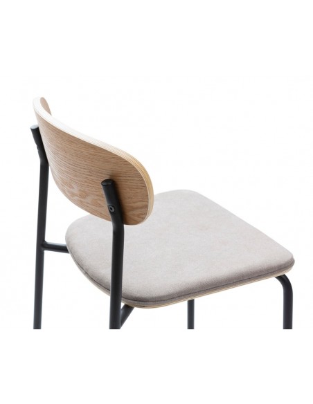 Taburete moderno Maure 66, chapa de roble, tejido taupe y metal negro