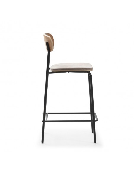 Taburete moderno Maure 66, chapa de roble, tejido taupe y metal negro