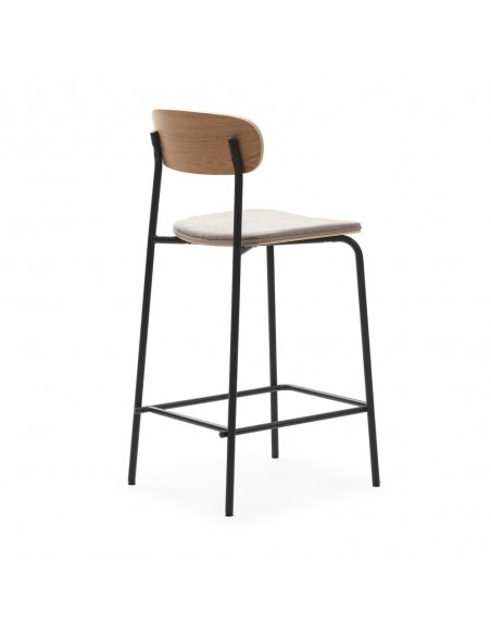 Banqueta moderna Maure 66, folheado de carvalho, tecido taupe e metal preto