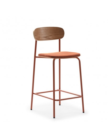 Banqueta moderna Maure 66 cm em folheado de carvalho, tecido e metal teja