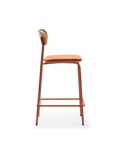 Banqueta moderna Maure 66 cm em folheado de carvalho, tecido e metal teja