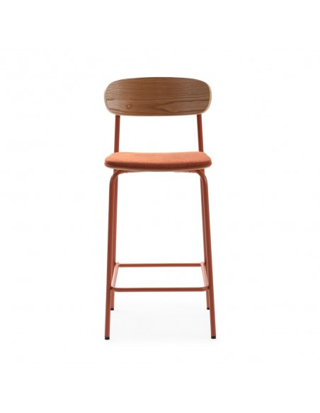 Banqueta moderna Maure 66 cm em folheado de carvalho, tecido e metal teja