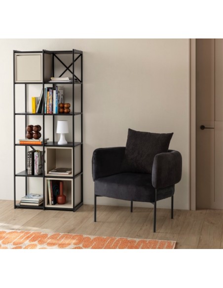 Sillón ARUNI combinado pana y tejido con patas de metal negro