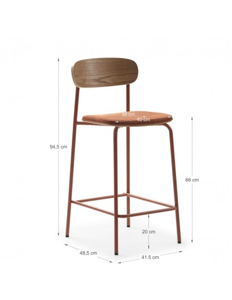 Taburete moderno Maure 66, chapa de roble, tejido y metal teja