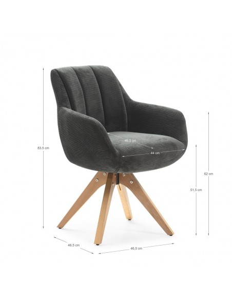 Silla giratoria con brazos LEIRE, tejido en gris y patas de madera