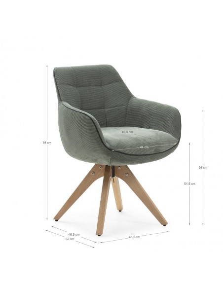 Sillon giratorio de diseño DONATELO, tejido verde con ribete y patas de madera