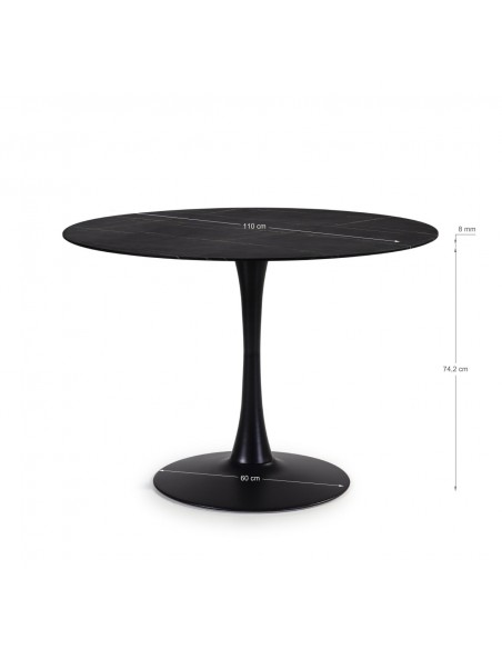 MESA REDONDA ADA 110, cristal símil mármol y metal NEGRO