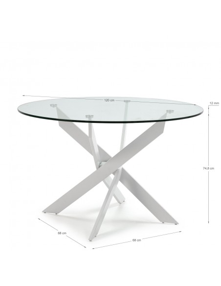 Mesa redonda Thur 120, cristal, patas metal blanco.