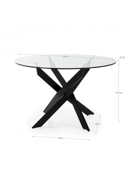 Thur 120 Mesa redonda de cristal, patas metal negro