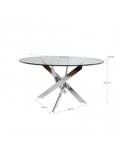 Mesa de Jantar Redonda Thur 140 Design, pés de metal cromado, tampo de vidro.