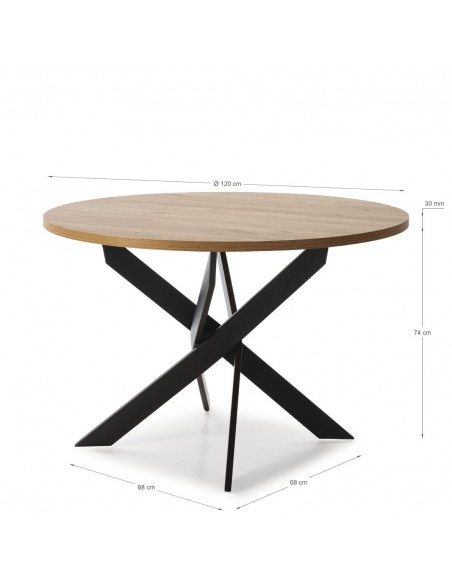 MESA REDONDA THER 120, tapa melamina roble y metal NEGRO