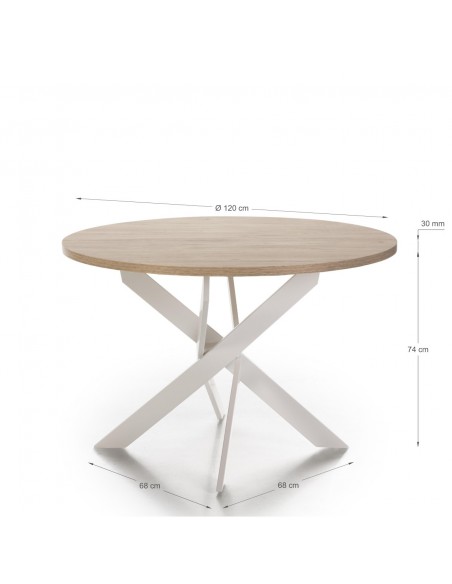MESA REDONDA THER 120, melamina SAHARA y metal BLANCO