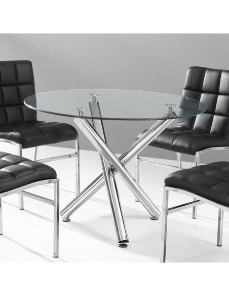 Mesa redonda DEA,sobre de cristal 90 cm templado transparente,estructura tubular de acero inoxidable.