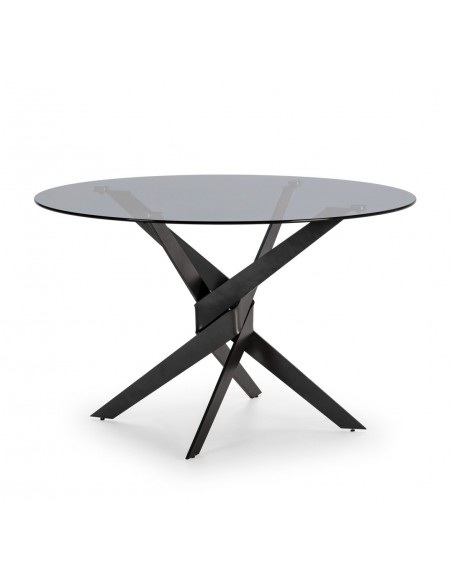 Mesa redonda em vidro JENNA 120, base de design em metal cinza